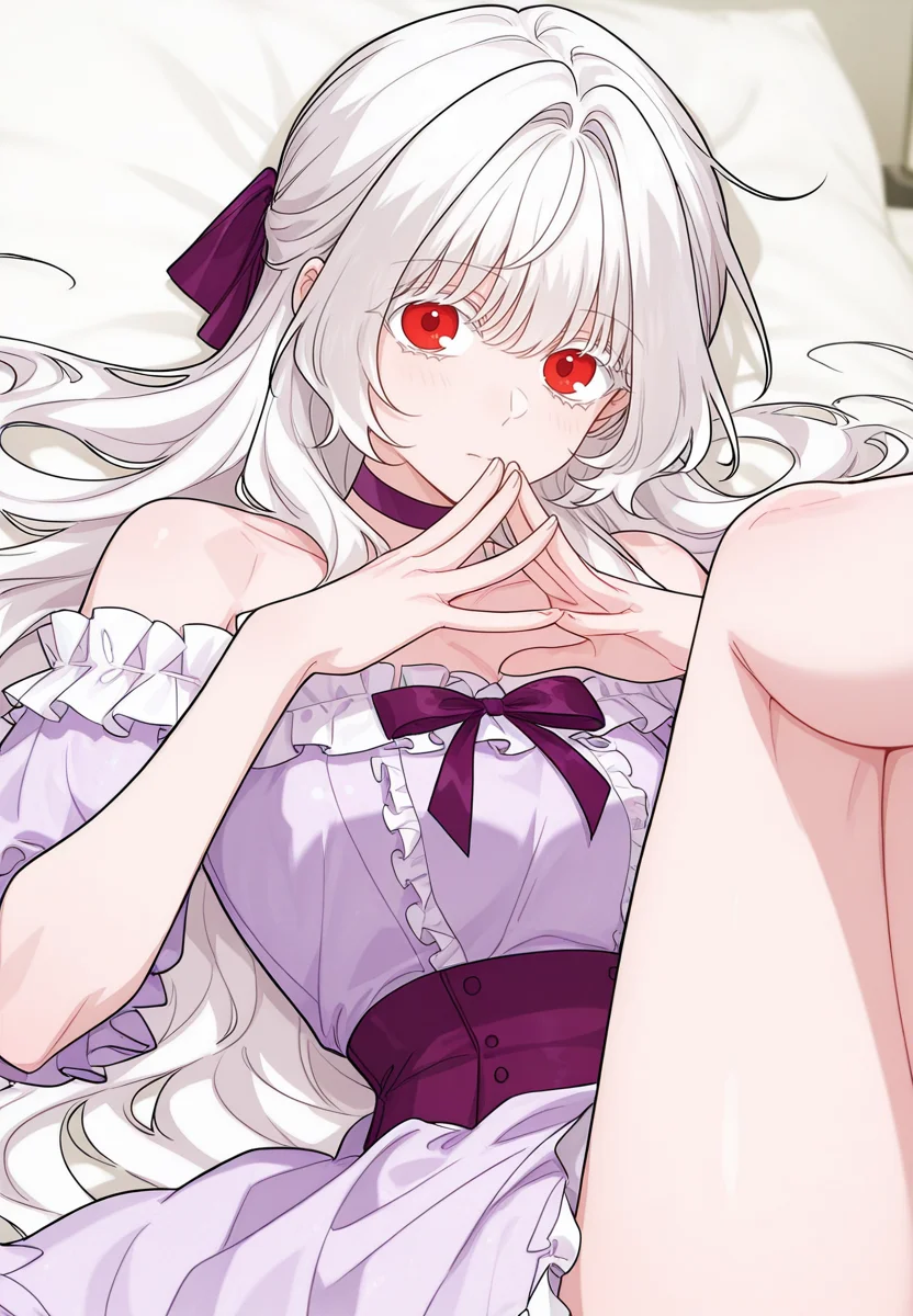 gorgeous girl, kawaii girl, cute face, masterpiece, best quality, very awa, absurdres, ultra-detailed-eyes, detailed background, ambient occlusion, raytracing, soft lighting, absolutely eye-catching, intricate cinematic background, (beautiful face), Masterpiece,(perfect female body),(detailed hair), detailed background, small waist, detailed skin, (4k),(incredibly detailed:1.4), perfect anatomy, slim, neatly drawn nose, beautiful fingers, small waist, (super model body), (breasts), looking at viewer, lying, legs up, knees to chest,
<lora:Eisel_-_The_Male_Lead_Is_In_Charge_Of_The_Successor-Kaleid_Illustrious:1> /eisel/, 1girl, long hair, red eyes, bangs, white hair, white eyelashes, purple dress, purple choker, purple ribbon, frills, on bed, bedroom