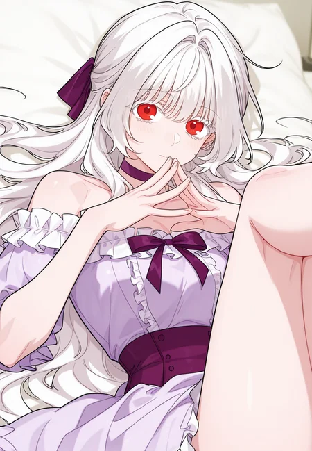gorgeous girl, kawaii girl, cute face, masterpiece, best quality, very awa, absurdres, ultra-detailed-eyes, detailed background, ambient occlusion, raytracing, soft lighting, absolutely eye-catching, intricate cinematic background, (beautiful face), Masterpiece,(perfect female body),(detailed hair), detailed background, small waist, detailed skin, (4k),(incredibly detailed:1.4), perfect anatomy, slim, neatly drawn nose, beautiful fingers, small waist, (super model body), (breasts), looking at viewer, lying, legs up, knees to chest,
<lora:Eisel_-_The_Male_Lead_Is_In_Charge_Of_The_Successor-Kaleid_Illustrious:1> /eisel/, 1girl, long hair, red eyes, bangs, white hair, white eyelashes, purple dress, purple choker, purple ribbon, frills, on bed, bedroom