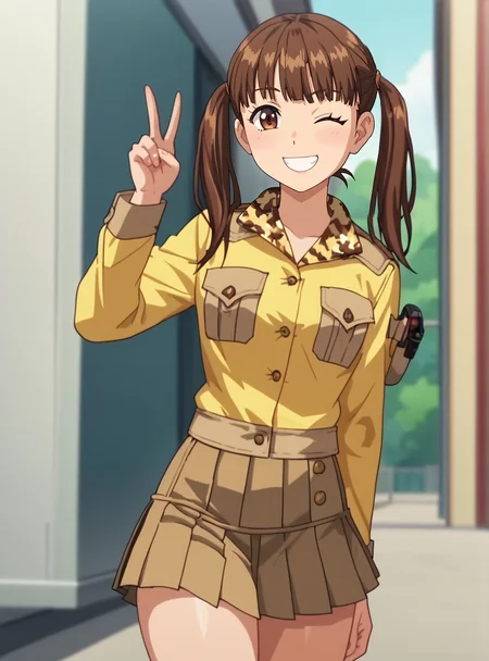 score_9, score_8_up, score_7_up, anime screencap,  anime screencap,  anime coloring,   uncensored,    <lora:natsukimamiya:0.8>natsukimamiya, 1girl, solo, twintails, skirt, brown hair, smile, looking at viewer, brown eyes, bangs, uniform, long sleeves pleated skirt,   thick thighs,  v_sign wink