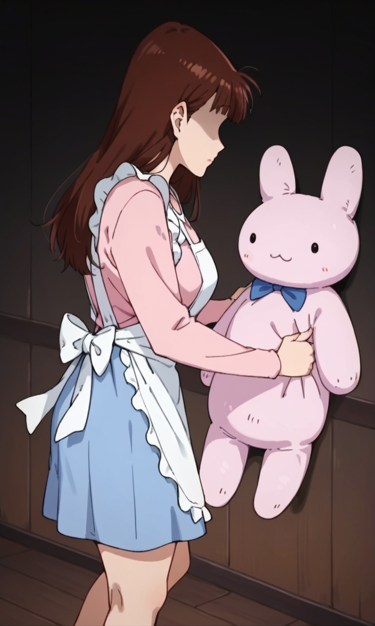 (1girl:1.5), (solo:1.3), (score_9, score_8_up, score_7_up, score_6_up, score_5_up, score_4_up), (source_anime), rating_questionable, looking at viewer, (upper body:1.3), outdoors, (sakurada-moeko), (black eyes, eyelashes, brown hair, long hair, parody hair, voluminous bangs, fluffy bangs, mature female), (white frilled apron, chest apron, pink shirt, long sleeves, light blue skirt), (huge breasts, wide hips, thick thighs), <lora:sakurada-moeko-dark_v1-70:0.8> (dark room, side view, facing away, shaded face, gigantic stuffed animal, pushing stuffed animal, barefoot:1.5)
