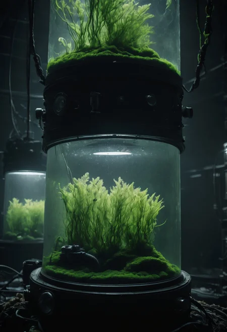 stasis tank with fishes and algae, backlight, a dark eerie laboratory background, cables, bubbles, cyberpunk, closeup portrait, atmospheric haze, Film grain, cinematic film still, shallow depth of field, highly detailed, high budget, cinemascope, moody, epic, OverallDetail, gorgeous, 2000s vintage RAW photo, photorealistic, candid camera, color graded cinematic, eye catchlights, atmospheric lighting, skin pores, imperfections, natural, shallow dof, deep blacks, high monochrome contrast,
