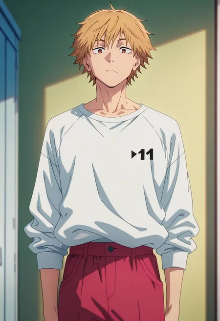 masterpiece, best quality, intricate details, anime screencap, , , looking at viewer, 1boy, solo, male focus, <lora:denji_chainsaw_man_ilxl:0.96>, denji_chainsaw_man, blonde hair, brown eyes, short hair, bangs, , , Cyan Ombre Cropped trousers, BubblegumPink Crew neck sweatshirt, , ,