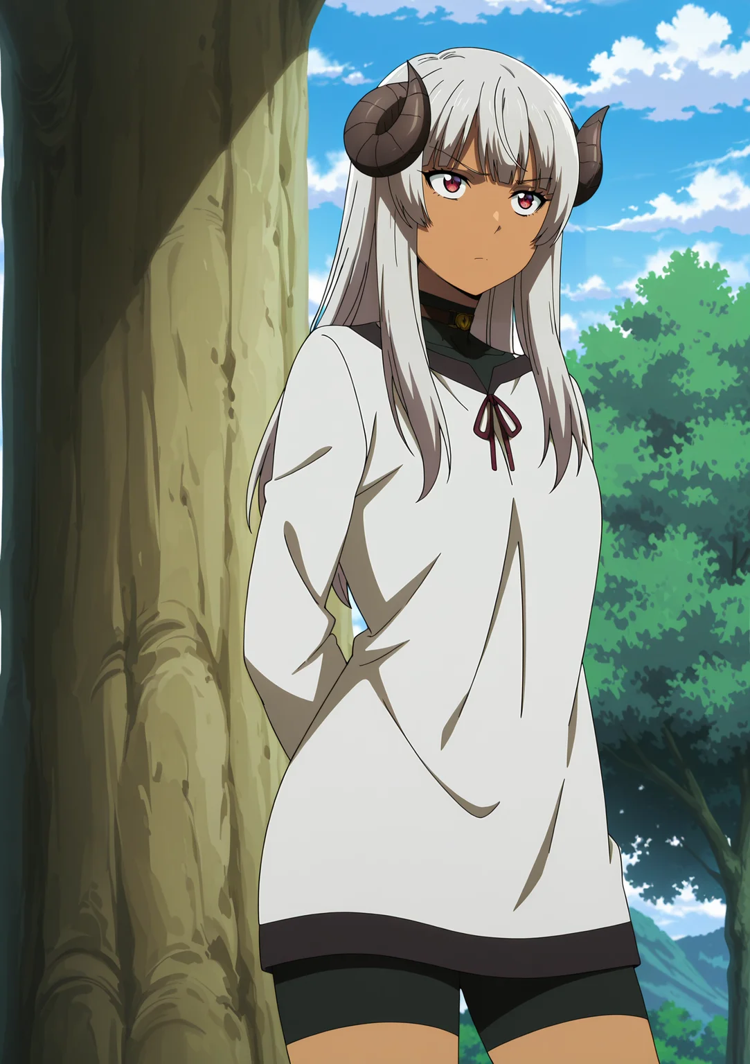 volumetric lighting, official style, amazing quality, ultra detailed, highres, detailed background,anime coloring, (anime screencap) masterpiece, detailed face,1girl<lora:Felm__:0.8>Felm, horns, solo, long hair, dark skin, brown eyes, arms behind back, dark-skinned female, bike shorts, sky, day, grey hair, cloud, leaning on tree