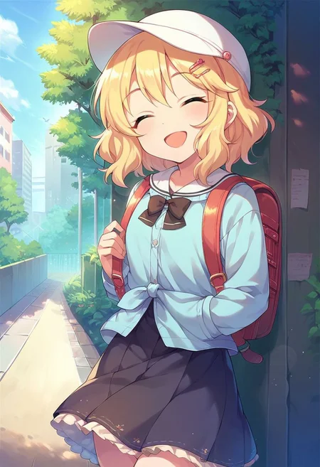 score_9, score_8_up, score_7_up, score_6_up, score_5_up, score_4_up,sakurai momoka, blonde hair, green eyes, short hair, backpack, hairclip, hair ornament, randoseru, hat, closed eyes, smile, skirt, outdoors, open mouth