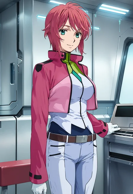score_9, score_8_up, score_7_up, score_6_up, score_ANIME,1girl, , <lora:feldt_grace_pony:1> looking at viewer, cowboy shot,feldtgrace, feldtmovie, solo, 1girl, , pink hair, short hair, belt, cropped jacket, smile, green eyes, looking at viewer, standing, white gloves, pants, large breasts, closed mouth,