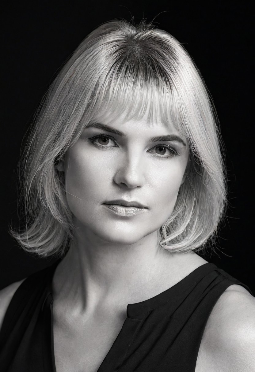 A striking monochrome portrait of a high-fashion model captured in a classic, Vogue-inspired photoshoot. The image focuses on her upper body, showcasing sharp bone structure and flawless skin illuminated by dramatic, high-contrast lighting. Shadows and highlights play artfully across her face. Her gaze is powerful and direct, exuding confidence and sophistication, with slightly parted lips that add a touch of allure.
(Her hair is styled sleekly back), drawing attention to her expressive features and creating a sculpted silhouette against a soft, shadowed background. She wears minimal accessories - perhaps a single, elegant earring catching the light adding sophistication without distraction. The monochrome palette enhances the texture and contrast, giving her skin a smooth, almost ethereal glow, while the deep shadows add depth and mystery. The overall composition feels timeless and refined, embodying classic beauty and editorial poise with a touch of modern edge.. backinblack, grayscale, monochrome