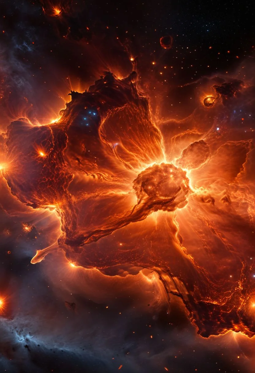 my favorite image of the essence the universe in fire, total fiery atmosphere, fire lit star, professional cgi smooth and clear and clean image masterpiece, depth of field, burning nebula, burning, emporflammen,
