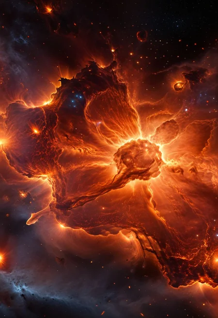 my favorite image of the essence the universe in fire, total fiery atmosphere, fire lit star, professional cgi smooth and clear and clean image masterpiece, depth of field, burning nebula, burning, emporflammen,