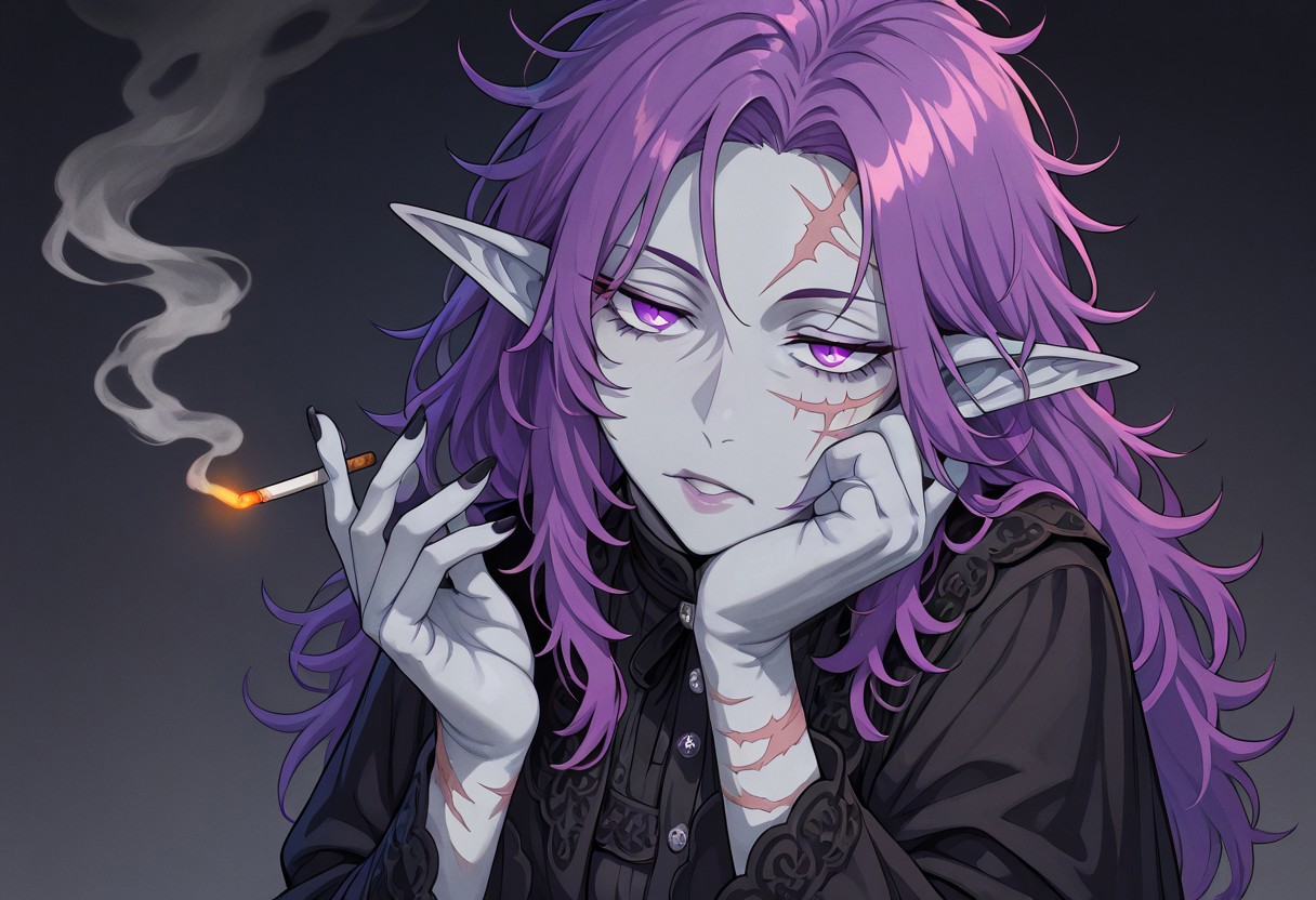 masterpiece, best quality, newest, absurdres, highres, NeoAV1.0, neon lights
1girl, goth, gothic, goth fashion, victorian, elf, coreset, messy hair, scar, scars, scar on face, robe, medival, medival clothing, mature, mature female,
Purple hair, Purple eyes, grey skin, colored skin, grey colored skin, smoking, smoke, cigarette, holding cigarette, holding,