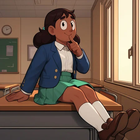 score_9, score_8_up, score_7_up, score_6_up, score_5_up, score_4_up, BREAK, source_anime, connie_maheswaran, indoors, smile, sitting, feet on desk, school uniform, feet up, blue blazer, white shirt, green skirt, white socks, brown shoes finger on chin, sitting at desk, feet on desk