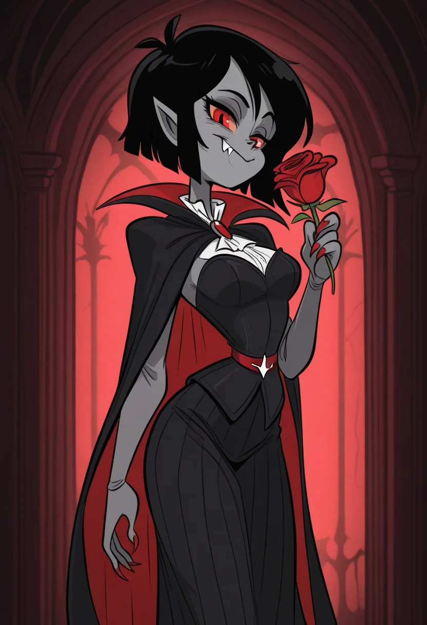 kricfalusistyle, masterpiece, best quality, solo, female, vampire, black hair, fang, vampire clothing, grey skin, detailed translyvania interior background, , holding rose,