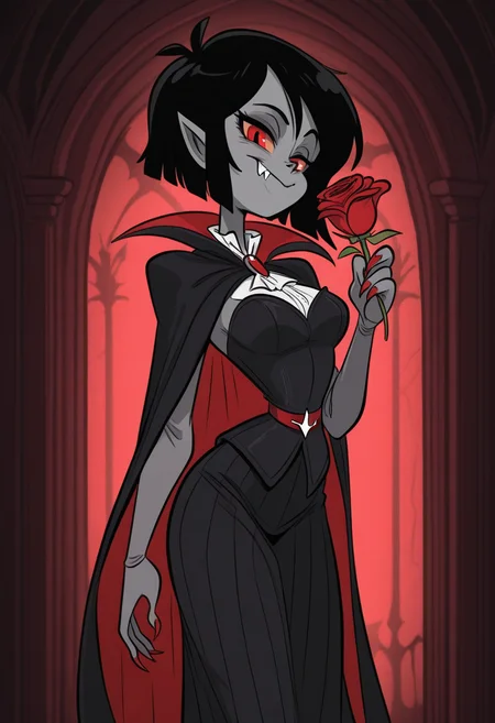 kricfalusistyle, masterpiece, best quality, solo, female, vampire, black hair, fang, vampire clothing, grey skin, detailed translyvania interior background, , holding rose,
