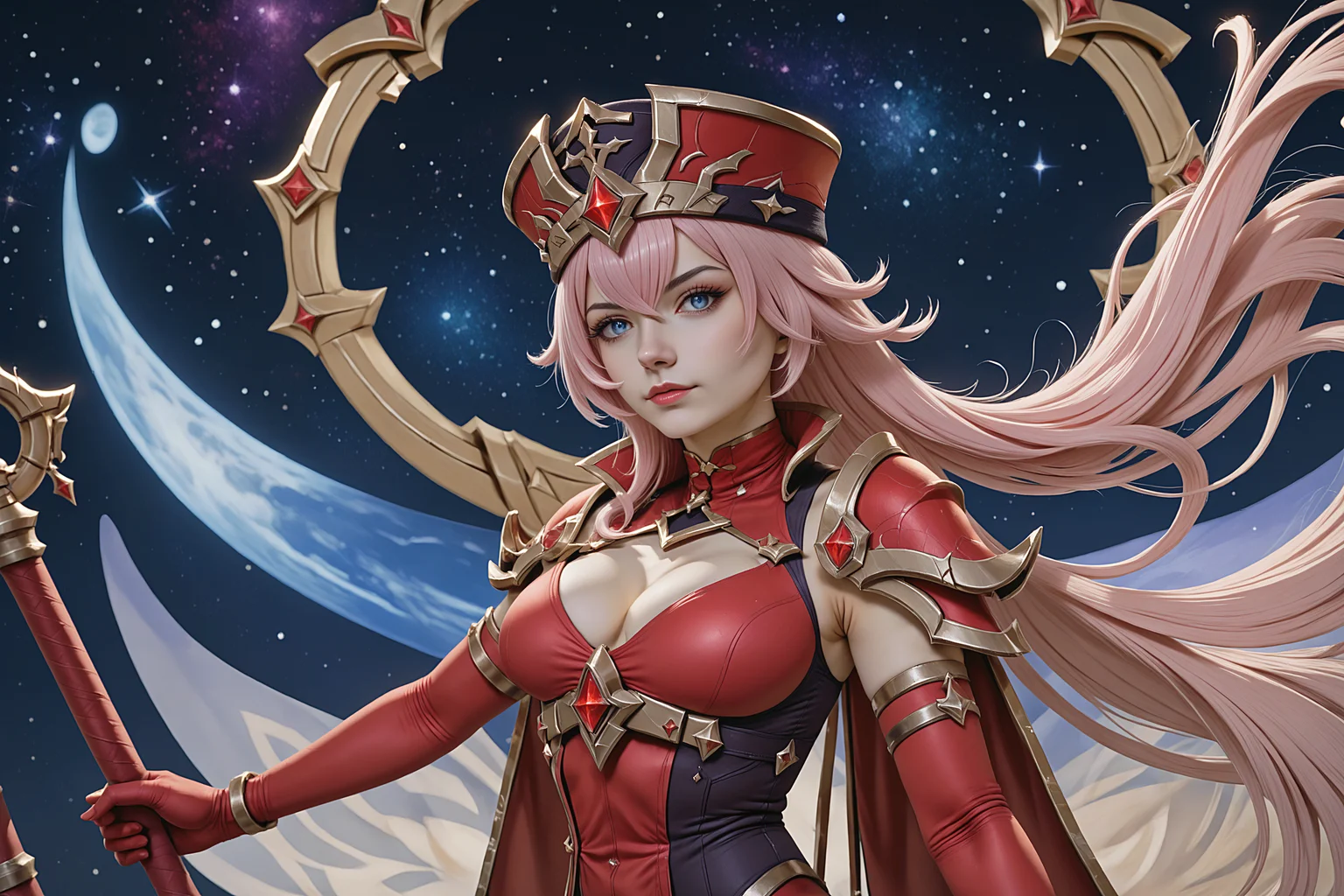 pr135t, star-filled galaxy view, abstract, elysia_(honkai_impact), honkai_(series), pink_hair, blue_eyes, seiza, dutch angle, score_9, score_8_up, score_7_up, 1girl, solo, <lora:54lly:1.0>