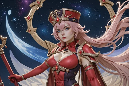 pr135t, star-filled galaxy view, abstract, elysia_(honkai_impact), honkai_(series), pink_hair, blue_eyes, seiza, dutch angle, score_9, score_8_up, score_7_up, 1girl, solo, <lora:54lly:1.0>