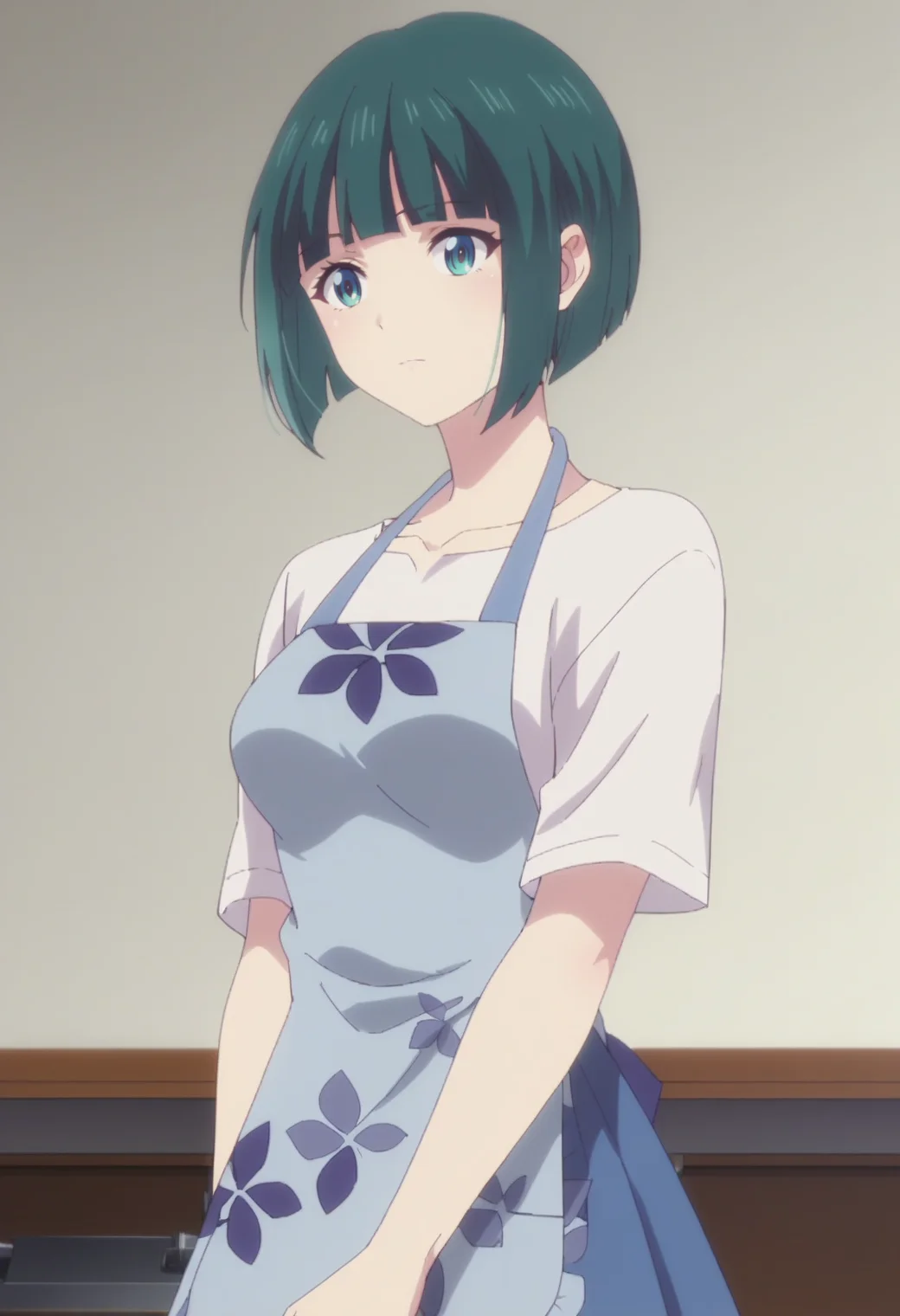 score_9,score_8_up,score_7_up, masterpiece, best quality, white background, 1girl, solo <lora:DX888Shiragiku:1>ono shiragiku, green hair, bob cut, medium breast, anime screencap, shirt, apron, floral pront, skirt