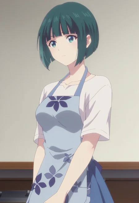 score_9,score_8_up,score_7_up, masterpiece, best quality, white background, 1girl, solo <lora:DX888Shiragiku:1>ono shiragiku, green hair, bob cut, medium breast, anime screencap, shirt, apron, floral pront, skirt