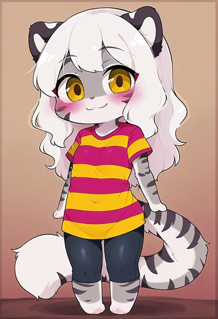 female, anthro, amalia \(claralaine\) feline, grey body, young anthro, white hair, stripes, yellow eyes, solo, 1girl, furry, full body, young, chibi, standing, striped shirt, black tights, smile
