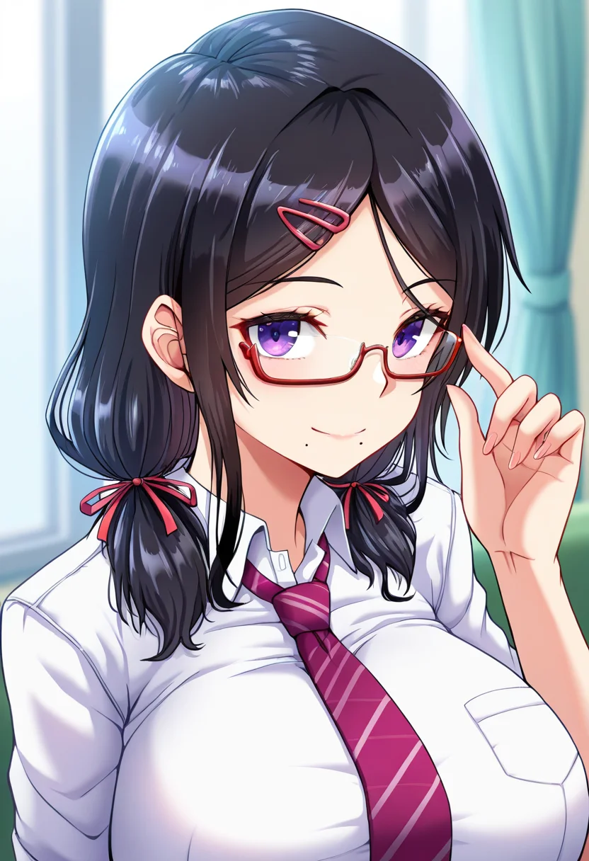 masterpiece, best quality, amazing quality, very aesthetic, absurdres, newest, illustration, perfect composition, intricate details, highres, general, 1girl, solo, (portrait:1.2), reimiww, purple eyes, black hair, long hair, low-tied long hair, low twintails, parted bangs, sidelocks, glasses, semi-rimless eyewear, mole, mole under mouth, hair ornament, hairclip, hair ribbon, huge breasts, school uniform, necktie, breasts, collared shirt,  looking at viewer, smile, shiny body, shiny skin, skindentation, clear skin, shiny hair, ultra detailed eyes, depth of field, sharp, intricate details, hyperdetailed, ultra-detailed, detailed clothing folds, high contrast, dynamic light  <lora:Reimi Koda_Shiawase Razoku Keikaku_ill:1>