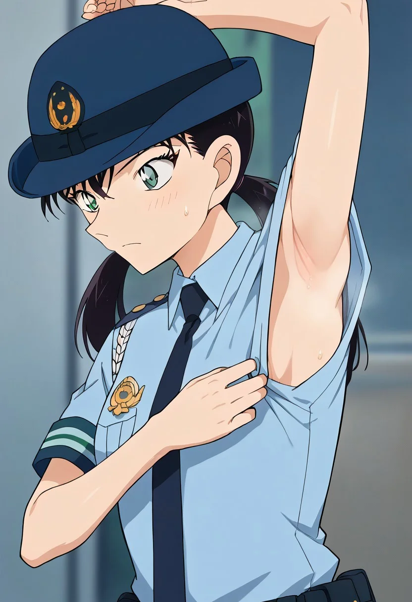 Masterpiece, Highest Quality, Ultra Detailed, High Resolution, Score_9, Score_8_up, Score_7_up, source_anime. anime style. masterpiece, highres, absurdres. Best resolution. Good anatomy.
miike naeko, black hair, twintails, police uniform. short sleeves
(1girl, solo. pulling clothes to show armpits. hold clothes with one hand)