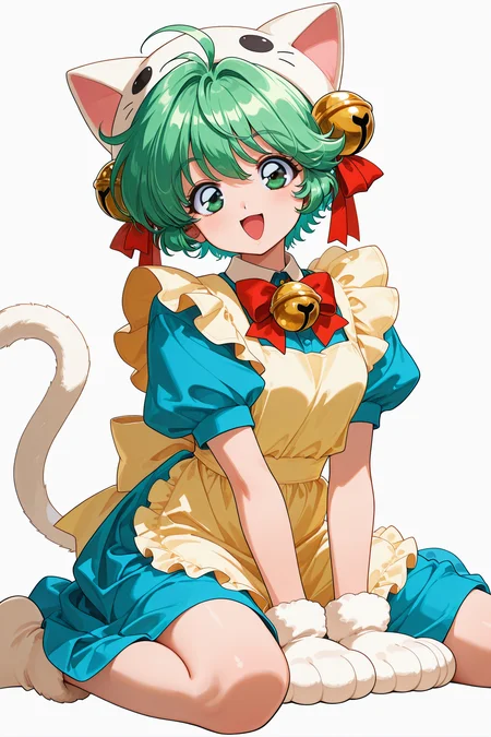 1girl,solo,tail,bell,animal ears,green hair,cat tail,open mouth,hair ornament,cat ears,sitting,animal hat,white background,hair bell,dress,cat hat,ahoge,gloves,hat,apron,looking at viewer,jingle bell,simple background,smile,wariza,bow,short hair,ribbon,blue dress,animal hands,:d,white gloves,retro artstyle,
<lora:hrn_yc_illustriousXL:0.8>,