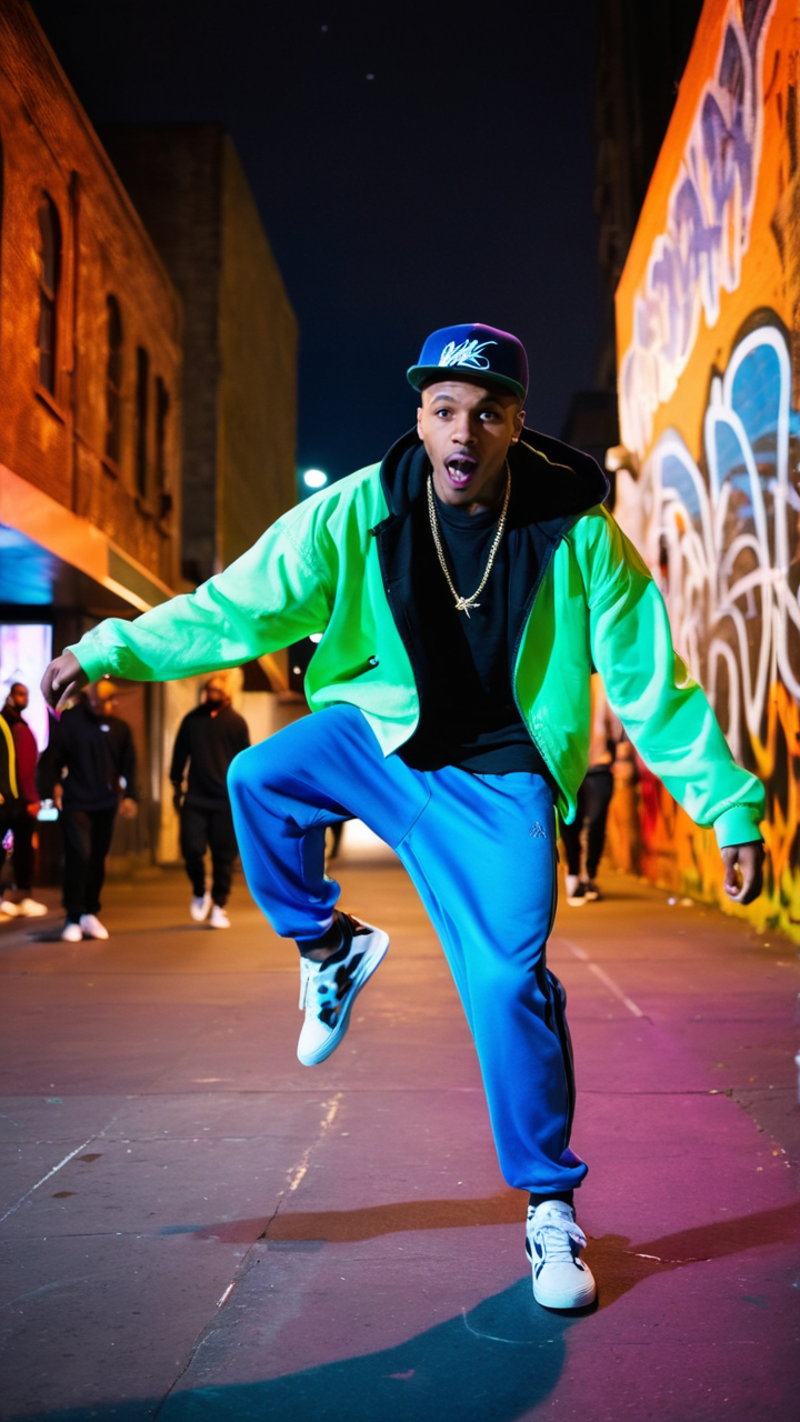 street performer, male, vibrant graffiti backdrop, breakdance freeze, urban dance, dynamism, outdoor, neon lights, baggy clothes, sneakers, athleticism, young adult, intense expression, open eyes, concrete jungle, nighttime, multiethnic, mid-motion, edgy, street wear, crowd gathering