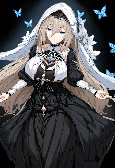 aponia \(honkai impact\),
(aponia, nun, def clothe), 1girl, breasts, bangs,blue eyes,long hair, hair between eyes, blue butterfly, longsleeves,veil,
masterpiece, best quality, very aesthetic, absurdres, 1milf, 1adult, solo, full_body, tachi-e,