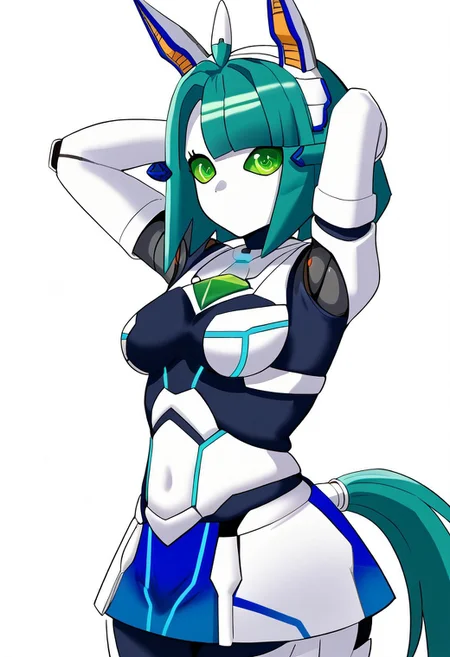 pmg style,<lora:MechaMusumeST2:1>mechamusume, 1girl, green eyes, robot, android, mechanical ears, breasts, animal ears, green hair, blue hair, no mouth, humanoid robot, tail, bangs, robot joints, horse ears standing thick thighs, looking at viewer, solo, horse tail, arms behind head, from side, looking at viewer, simple background, white background,