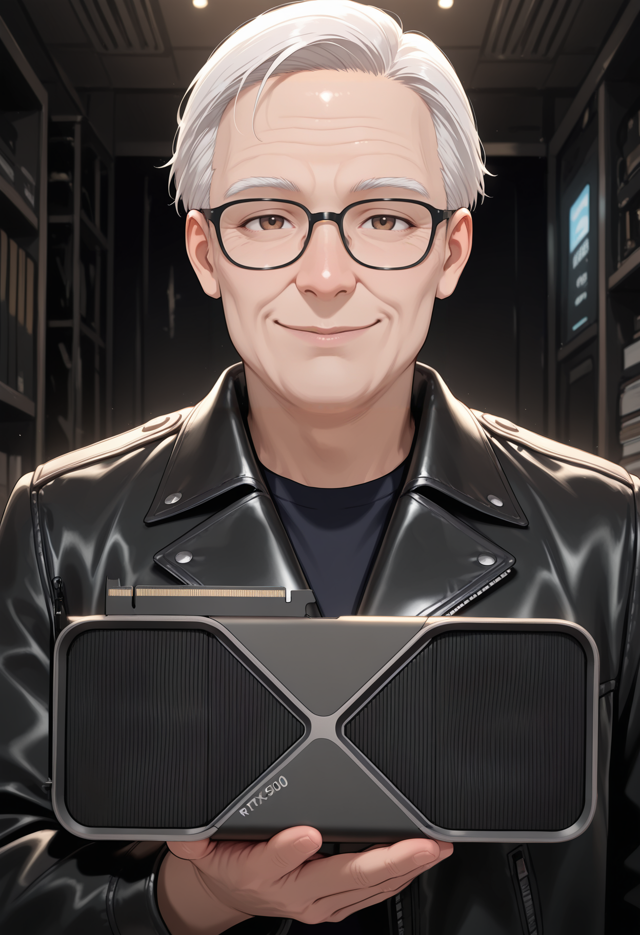 masterpiece, best quality, high score, great score, ultra-detailed, intricate details, very aesthetic, newest, hires, absurdres, 1boy, old man, asian, short hair, white hair, brown eyes, leather jacket, black jacket, glasses, black-framed eyewear, looking at viewer, smile, hand up, holding, graphics card, <lora:rtx5090_illustrious:1> rtx5090