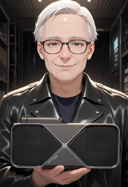 masterpiece, best quality, high score, great score, ultra-detailed, intricate details, very aesthetic, newest, hires, absurdres, 1boy, old man, asian, short hair, white hair, brown eyes, leather jacket, black jacket, glasses, black-framed eyewear, looking at viewer, smile, hand up, holding, graphics card, <lora:rtx5090_illustrious:1> rtx5090