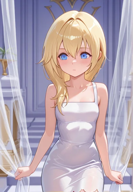 masterpiece, best quality, amazing quality, very aesthetic, absurdres, newest, detailed background, cowboy shot,indoors, curtains, palace
naminekh, 1girl, solo, blue eyes, blonde hair, long hair, hair between eyes, white dress, bare shoulders, sandals
<lora:Namine_-_Kingdom_Hearts_Illustrious:1>