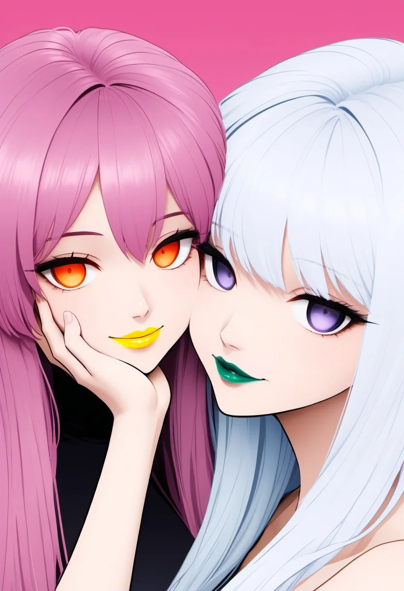 anime, empty eyes, emotionless, hypnotized, hand on face, looking into eyes, staring at each other, multiple females, lipstick, red lipstick, yellow lipstick, green lipstick, blue lipstick, purple lipstick, black lipstick, glossy lips, shiny lips, sexy smile, adult, casual dress, long hair, white hair, black hair, green hair, red hair, yellow hair, pink hair, purple hair, blue hair, hair decoration, red eyes, orange eyes, yellow eyes, green eyes, blue eyes, purple eyes, pink eyes, black eyes, white eyes, close up