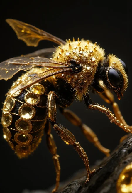 Gold bee with dark diamond and crystal, crystallization, hi details, super realistic, close-up, 16K, detailed, UHD