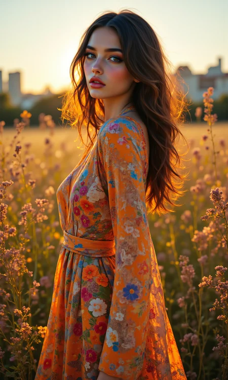 A 1970s fashion portrait of a high-end European model, styled in a flowing bohemian maxi dress by Ossie Clark, with intricate floral prints and a relaxed silhouette. The model stands barefoot in a sunlit meadow, her hair in loose waves, embodying the free-spirited essence of the era. Soft, diffused lighting with warm golden hour tones, capturing the natural beauty of 70s hippie fashion. Photorealistic, ultra-high definition. <lora:FLUX.1-DEV_-_Wild_1970s_Fashions_LoRA:0.8>, <lora:midjourney_whisper_avant_couture_v01:0.6>,
break
perfectly smooth jawline, no cleft chin, soft and defined chin, symmetrical and elegant facial features, well-balanced proportions, delicate and flawless face, smooth skin texture, sharp yet gentle jawline, natural beauty, high cheekbones, soft jaw curves, sleek, even facial structure, harmonious face symmetry, no dimples or clefts, clean and graceful profile, refined and polished appearance, seamless jawline transition, fine facial detail,
break
stretching pose, fashion moments, side profile, from above, even framing, close-up, cityscape blur, floating hair, looking away,
break
8k, ultra photorealistic, cinematic lighting, warm tones with soft shadows, high dynamic range, subtle film grain, lens flare, and a warm golden-hour glow. Slight bokeh for depth, capturing the essence of 1970s fashion in a fine art editorial style. aidmafluxpro1.1, <lora:aidmaFluxPro1.1Stylev0.2:0.7>, midjourney_whisper, <lora:midjourney_whisper_flux_lora_v01:0.5>, velvet_myst, <lora:Midjourney_Whisper_Chromaplex_Velvet_Myst_v01:0.6>,