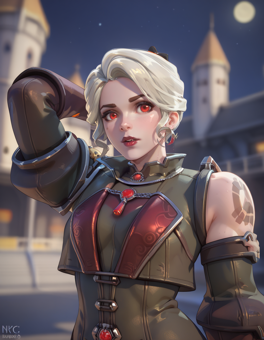 score_9,score_8_up, score_7_up, high-res, 2k, best quality, 2.5d, 1girl,  vampire hunter brig, brigitte (overwatch), short hair, at night, castle   <lora:Vampire_brig_pony-000043:1> Hips up arms out