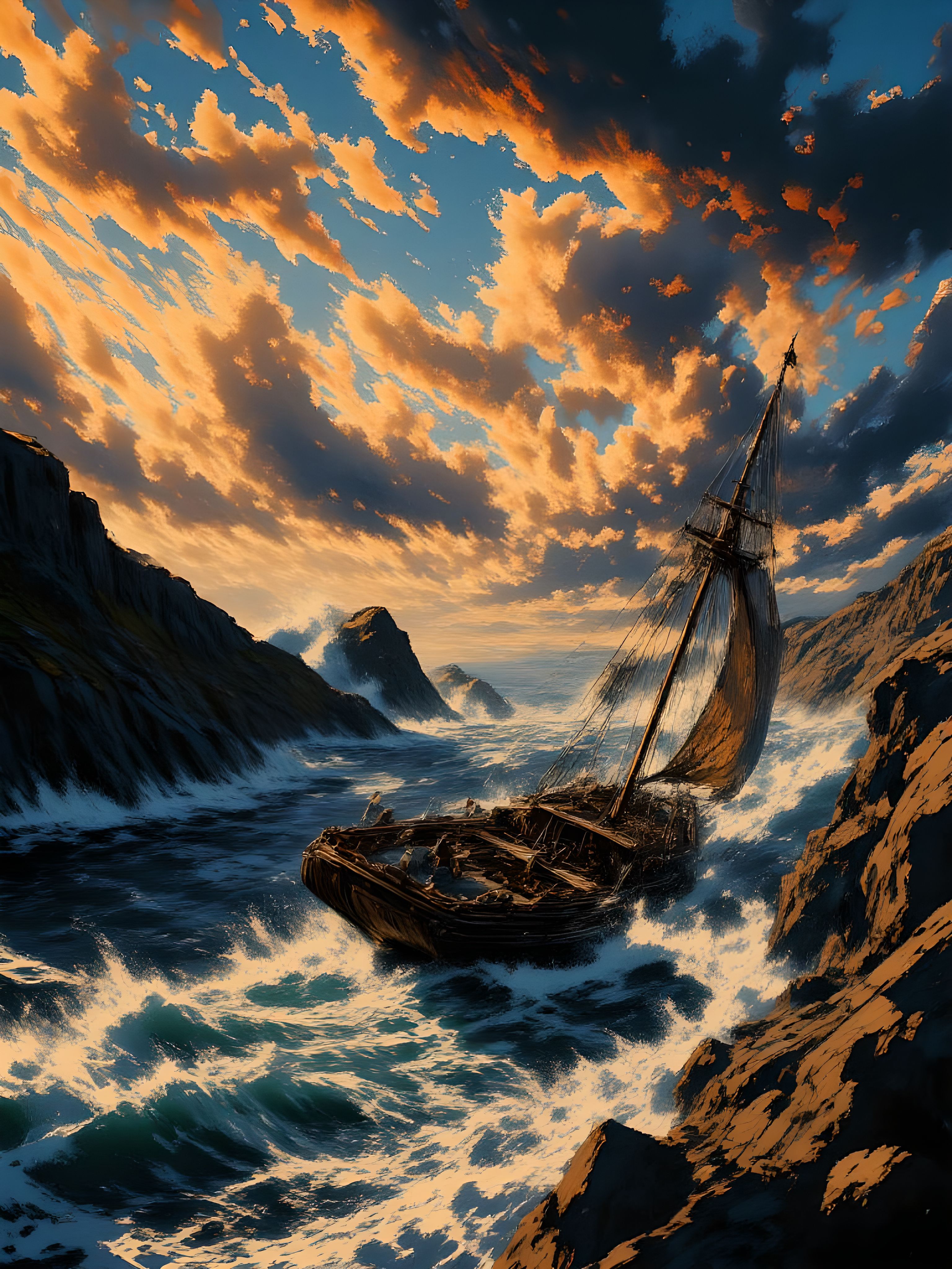 Create a romantic, vibrant painting in the style of William Turner, capturing the raw beauty of nature with a sailor boat cutting through tumultuous seas. The scene is bathed in vivid, warm colors—fiery oranges, deep blues, and golden yellows—representing the intensity of a sunset or stormy sky. The waves crash with dramatic force, while the boat, sturdy and determined, sails on through the churning waters. The painting should evoke both the overwhelming power of nature and the quiet resilience of the sailor, capturing the timeless beauty and peril of the sea with rich, expressive brushstrokes. aidmaimageupgrader, aidmaMJ6.1m, detailmaximizer, mythp0rt, drkfnts, ne0nfant4sy <lora:aidmaImageUpgrader-FLUX-V0.2:1.0> <lora:flux.1_lora_flyway_Epic-detail_v2:0.8> <lora:aidmaMJ6.1_aidmaMJ6.1-FLUX-v0.4:0.8> <lora:aesthetic2-cdo-0.5:0.8> <lora:v1v1dr34m:0.8> <lora:mythp0rt_FluxMythP0rtr4itStyle:0.9> <lora:ne0nfant4sy_NeonFantasyPrimeFLUX-000049:0.9> <lora:flux.1_lora_flyway_ink-dynamic:0.9>