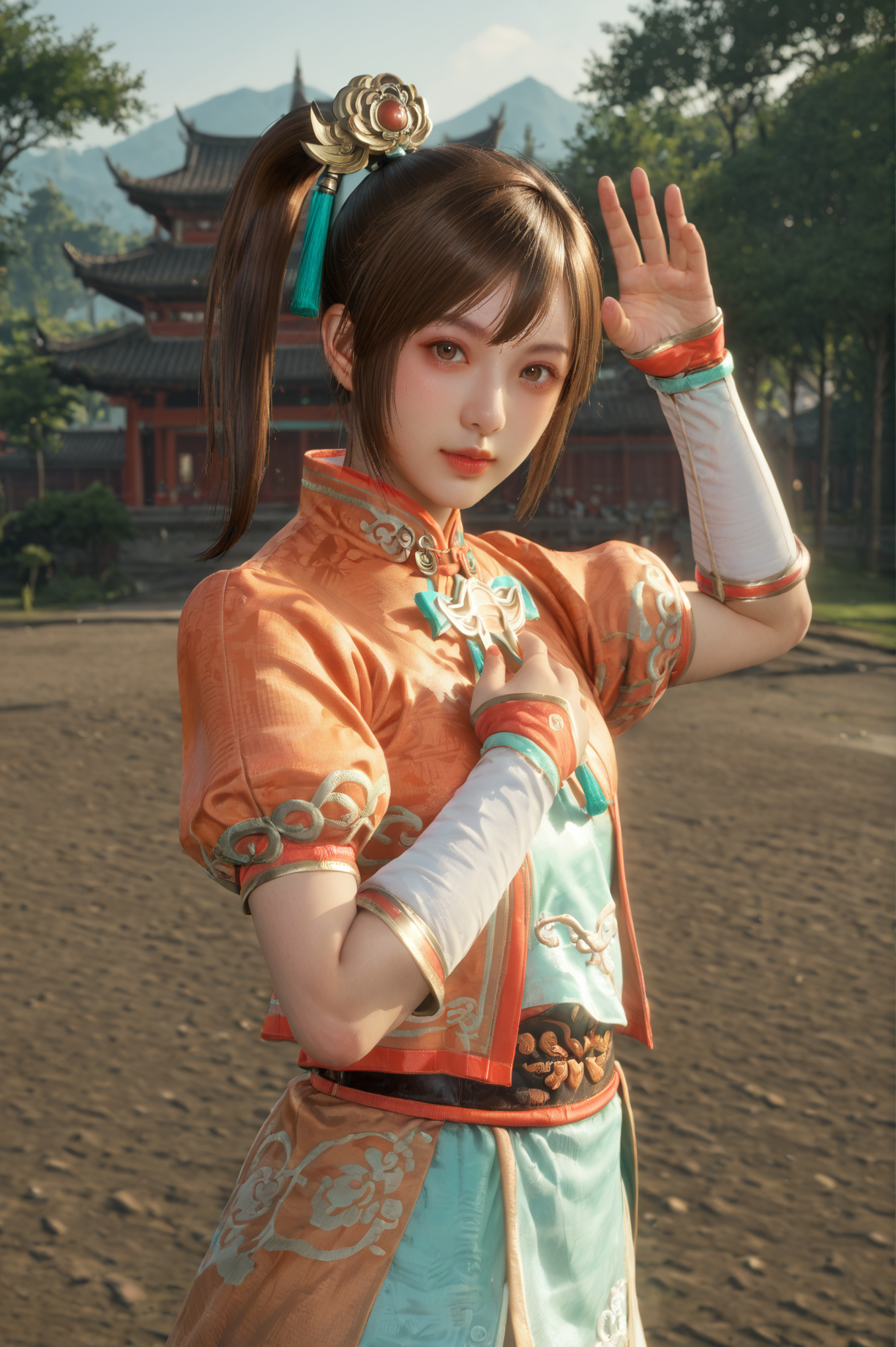 score_9, score_8_up, score_7_up, masterpiece, dynamic pose, <lora:Xiaoqiao_Dynasty_Warriors:0.8> 1girl, solo, brown hair, side ponytail, brown eyes, chinese clothes, hair ornament, outdoors, half body shot, looking at viewer