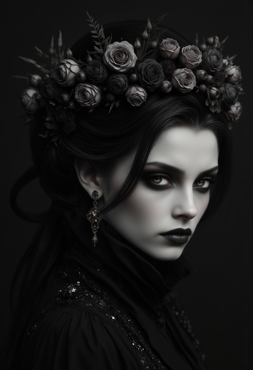 hyperrealistic, highly detailed, digital image of one young english woman looking at viewer, head turned right, close portrait, sultry expression, black hair styled in a messy updo, with loose strands framing her face, large slate-grey eyes, large iris, seductive, heavy eye makeup, black eye shadow, dark matte lips, fragile charming woman, charmful looking, captivating, minimalist, slender frame, delicate collar around neck, detailed, wearing a crown of dead roses and weeds
vantablack,