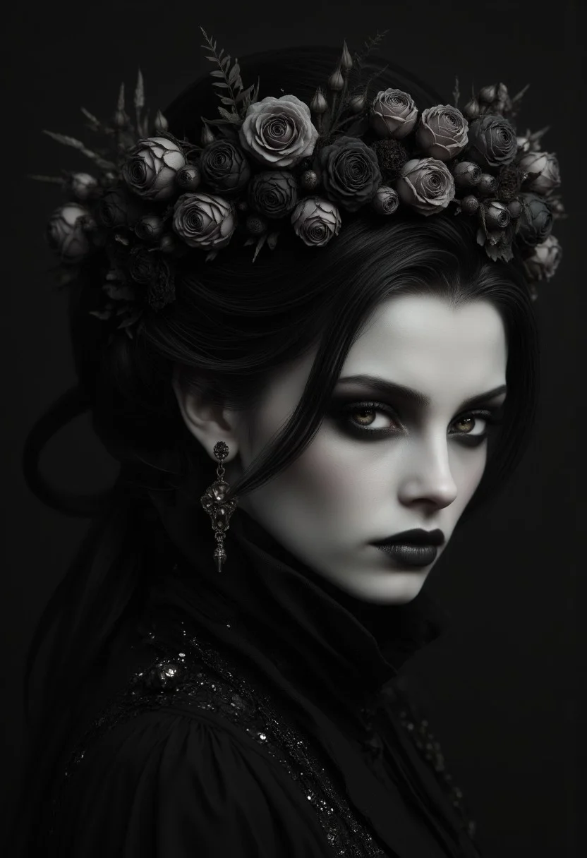 hyperrealistic, highly detailed, digital image of one young english woman looking at viewer, head turned right, close portrait, sultry expression, black hair styled in a messy updo, with loose strands framing her face, large slate-grey eyes, large iris, seductive, heavy eye makeup, black eye shadow, dark matte lips, fragile charming woman, charmful looking, captivating, minimalist, slender frame, delicate collar around neck, detailed, wearing a crown of dead roses and weeds
vantablack,