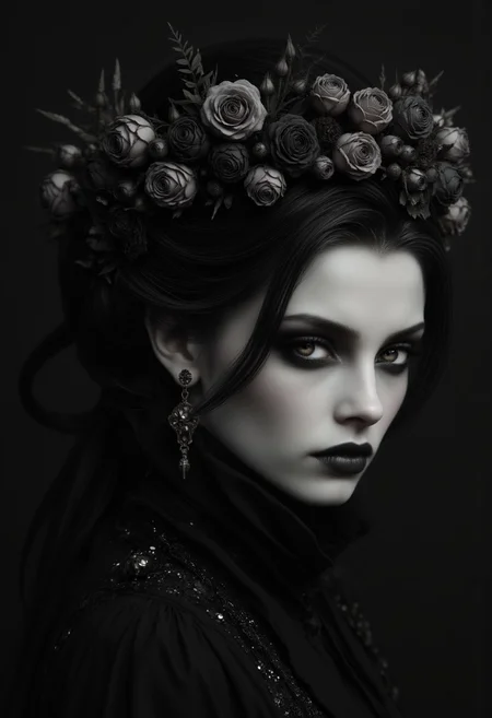 hyperrealistic, highly detailed, digital image of one young english woman looking at viewer, head turned right, close portrait, sultry expression, black hair styled in a messy updo, with loose strands framing her face, large slate-grey eyes, large iris, seductive, heavy eye makeup, black eye shadow, dark matte lips, fragile charming woman, charmful looking, captivating, minimalist, slender frame, delicate collar around neck, detailed, wearing a crown of dead roses and weeds
vantablack,