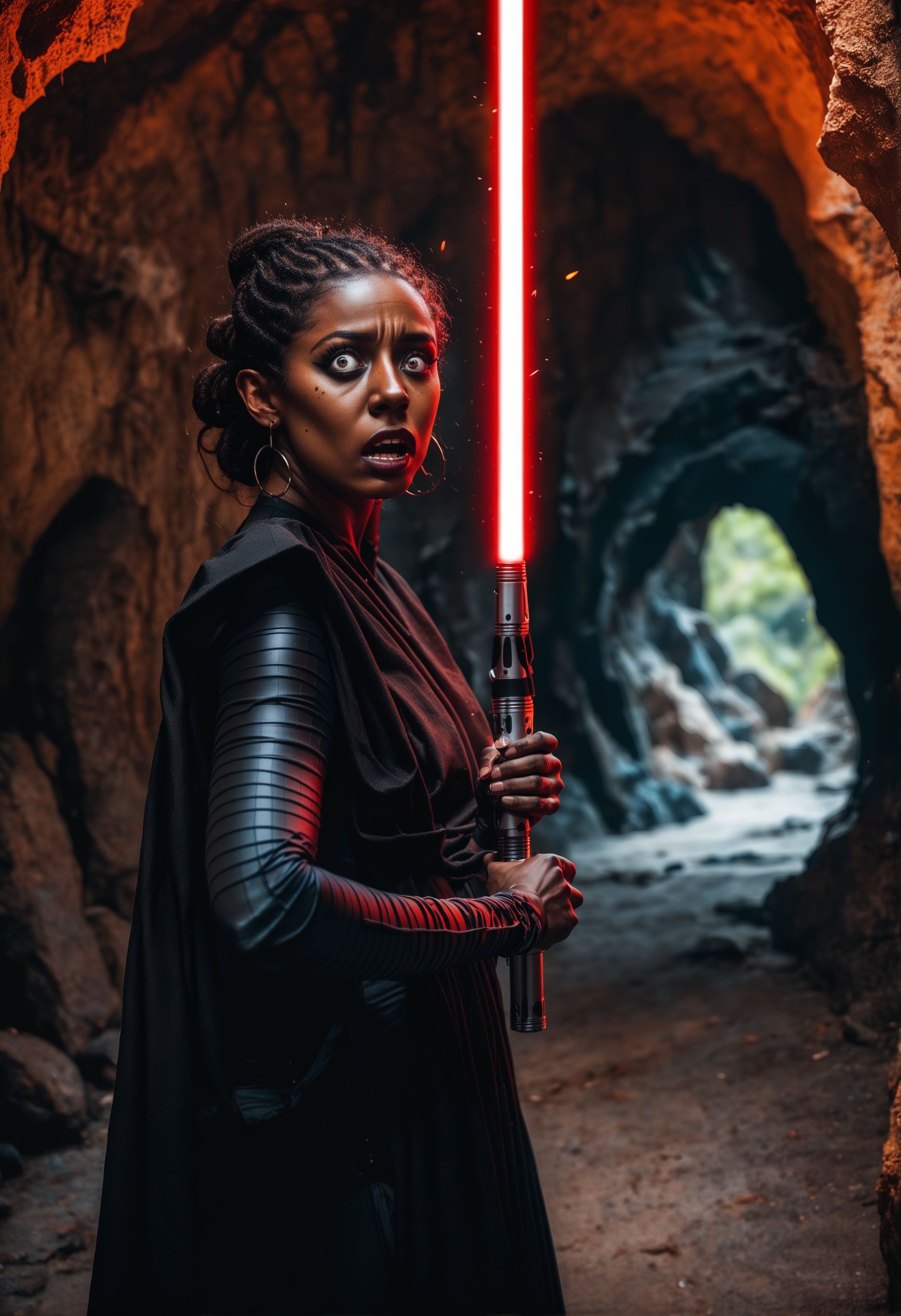 score_9, score_8_up, score_7_up, score_6_up, score_5_up, 1girl,scared, african,dark skin,black skin,ebony skin,in a dark cave,brown hair,holding lightsaber
sith outfit
,<lora:SithPony-000030>