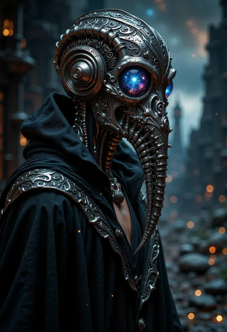Cinematic, mystic, dreamy scene featuring a close-up portrait of a mysterious thin man, wearing a deep black, tatered thin flowing robe. The robe partialy open showin a small part of his bare chest. The figure stands in a serene, dream-like landscape behind him a galaxy and a floating castle in a cosmic starry night sky. He is wearing a helmet like a blend of a cephalopod and a mythical being. The helmet, resembling a plague doctor mask, with the peak replaced by an articulated snout, that resemble the bone structure of a spine, with a pointy tip on the end that falls in the man's bare chest. Features a metallic head with two huge large, glowing glass eyes revealing swirling cosmic patterns framed by intricate engravings, casting a mysterious glow. Highly detailed, hyper-realistic, soft lighting. The cosmic galaxy colors contrast deeply with the plain dak black of his robe.<lora:Flux/MysticRealism.safetensors:0.35000000000000003:0.35000000000000003> <lora:Flux/MysticFantasy.safetensors:0.35000000000000003:0.35000000000000003>