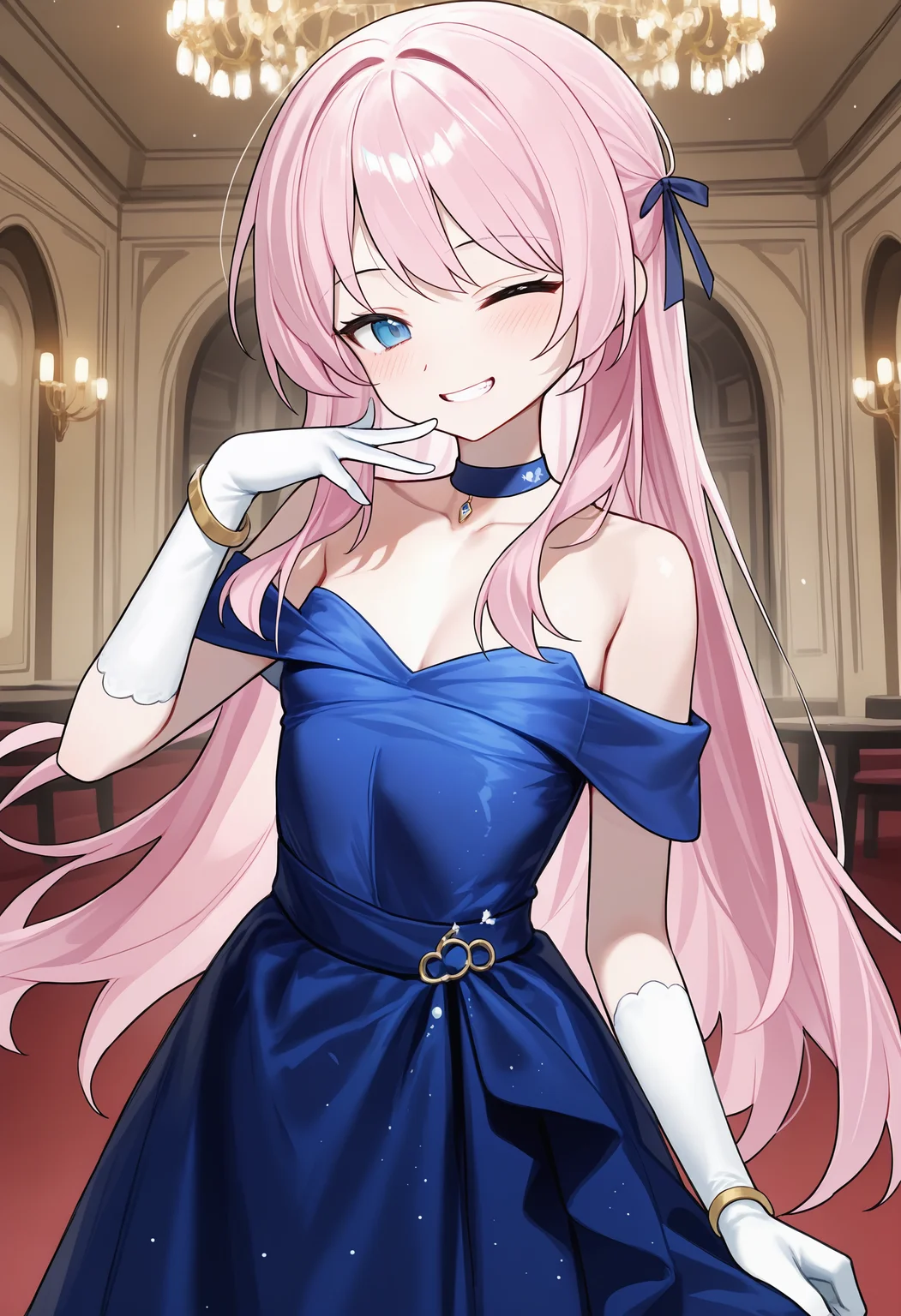 ,,<lora:Huu_Style_nbvp1.0.safetensors:0.95:0.95>,chihaya anon,small breasts,fang,blush,;d,grin,1girl,solo,long_hair,hair_ribbon,illustration,formal,evening_gown,blue_dress,blue_evening_gown,strapless_dress,bare_shoulders,choker,bracelet,long_gloves,white_gloves,looking_at_viewer,elegant_smile,indoors,ballroom,chandelier,,masterpiece,best quality,newest,absurdres,highres,very awa,detail background <lora:None:0.4000000000000001>