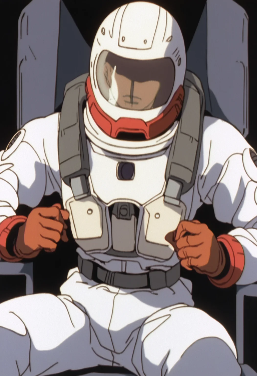 score_9, score_8_up, score_7_up, anime screencap, sksgw, retro artstyle BREAK,
1boy, gloves, helmet, male focus, pilot suit, science fiction, sitting, solo, spacesuit, black background <lora:GundamWingXLLocon_byKonan:1>