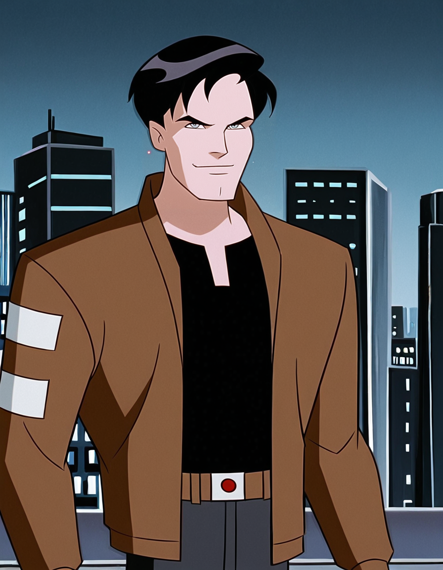 <lora:TerryBatmanBIllustrious1.0JLFO:1> batmanbeyond, 1boy, solo, male focus, upper body, looking at viewer, black hair, short hair, belt, shirt, black shirt,brown jacket, smile, looking at viewer, cowboy shot,cityscape,