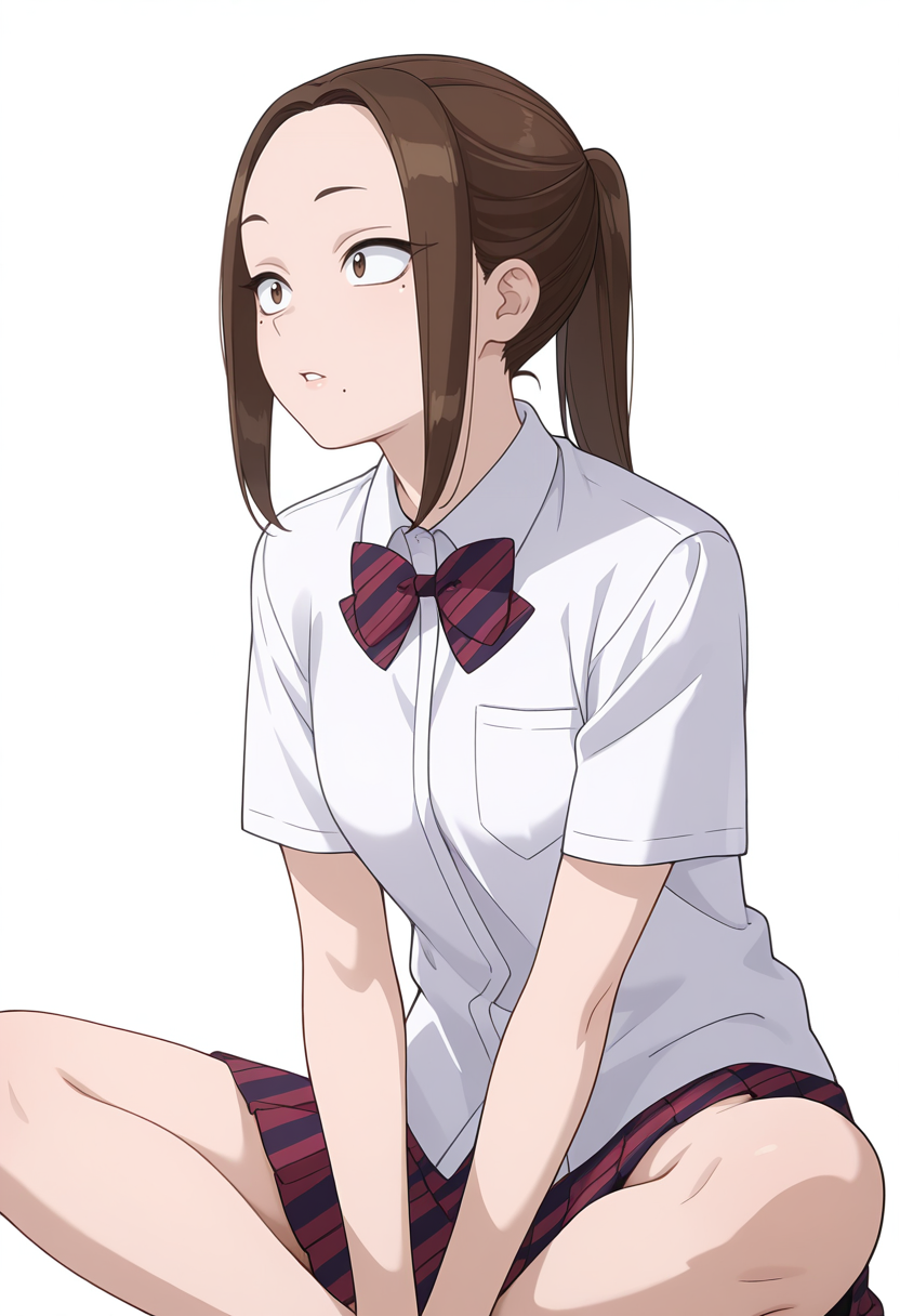 Smooth Quality,masterpiece,very intricate, high quality details, ultra realistic, high detailed skin,detailed enviorement,
simple background, white background, crazy,
indian style, 
 <lora:Onemine_Nene_cnn:0.8> oneminenenecnn, 1girl,brown hair, long hair, brown eyes, mole under eye, mole under mouth,ponytail, 
school uniform, pleated skirt, white shirt,bowtie, short sleeves,striped skirt,
jacket,
