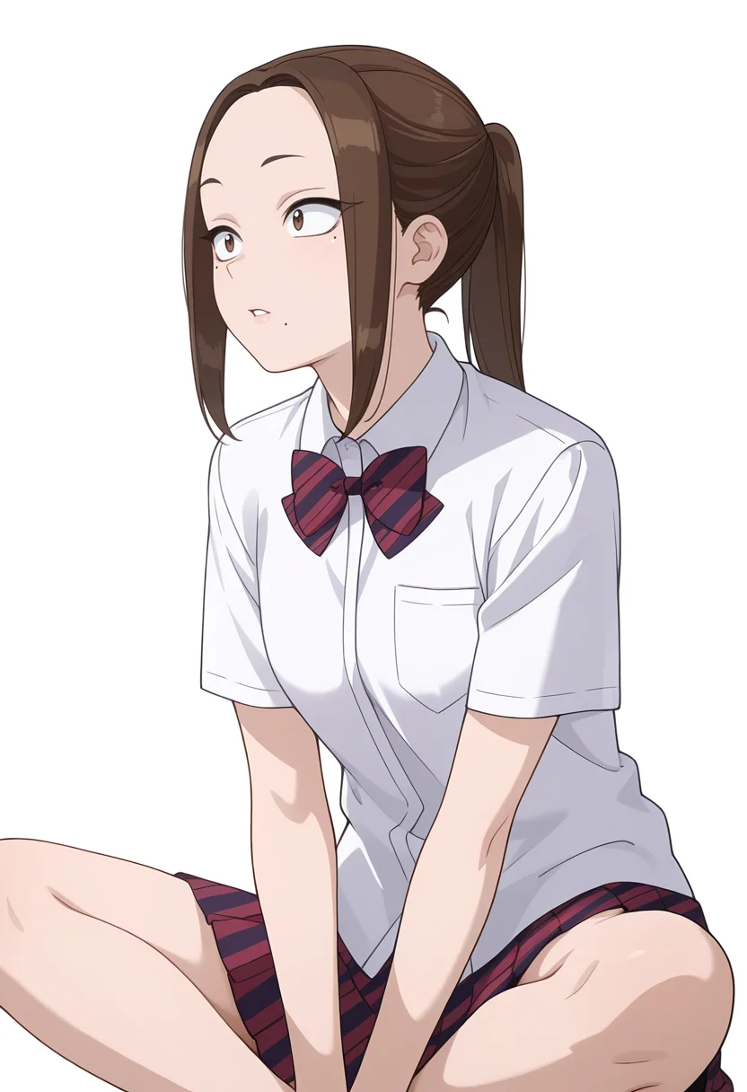 Smooth Quality,masterpiece,very intricate, high quality details, ultra realistic, high detailed skin,detailed enviorement,
simple background, white background, crazy,
indian style,
<lora:Onemine_Nene_cnn:0.8> oneminenenecnn, 1girl,brown hair, long hair, brown eyes, mole under eye, mole under mouth,ponytail,
school uniform, pleated skirt, white shirt,bowtie, short sleeves,striped skirt,
jacket,