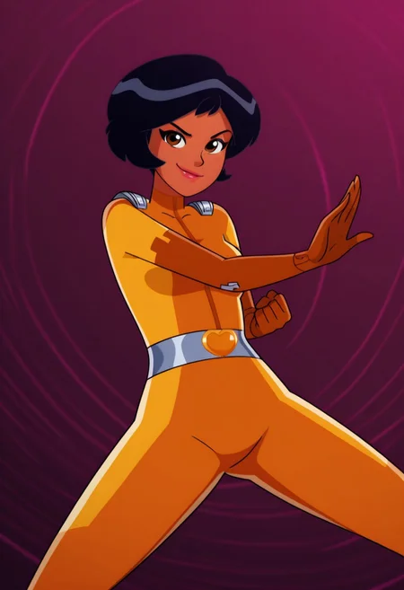 masterpiece, best quality, good quality, 1girl, solo, cartoon, totally_spies_2k24, alex, black hair, brown eyes, dark-skinned female, yellow bodysuit, sexy, medium breasts, beautiful, detailed, high detailed, very beautiful, detailed face, detailed eyes, detailed hand, abstract background, neon, smile, smirk, posing, pose, (fighting stance), looking at viewer, face focus