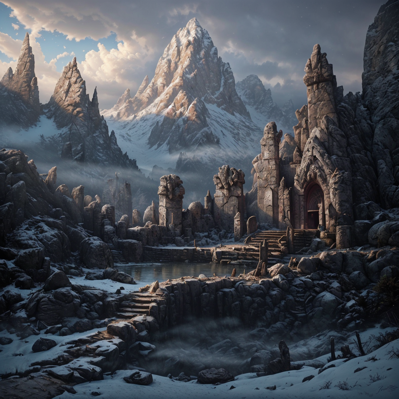 RAW photo, (masterpiece:1.3), subsurface scattering, heavy shadow, (high quality:1.4), (intricate, high detail:1.2), professional photography, HDR, High Dynamic Range, realistic, ultra realistic, photorealistic, high resolution, film photography, ambient lighting, atmospheric effects, <lora:detail_slider_v4:2>, OverallDetail, epic medieval fantasy, DarkFantasy, 1boy, bird, fanmou, landscape, mountain, nature, outdoors, ruins, sky, solo, tree, winter, <lora:Fantasy_Mountains:1>, epiCPhoto