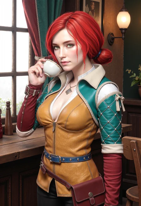 Anime-styled image of Triss Merigold drinking a cup of tea in a bar.