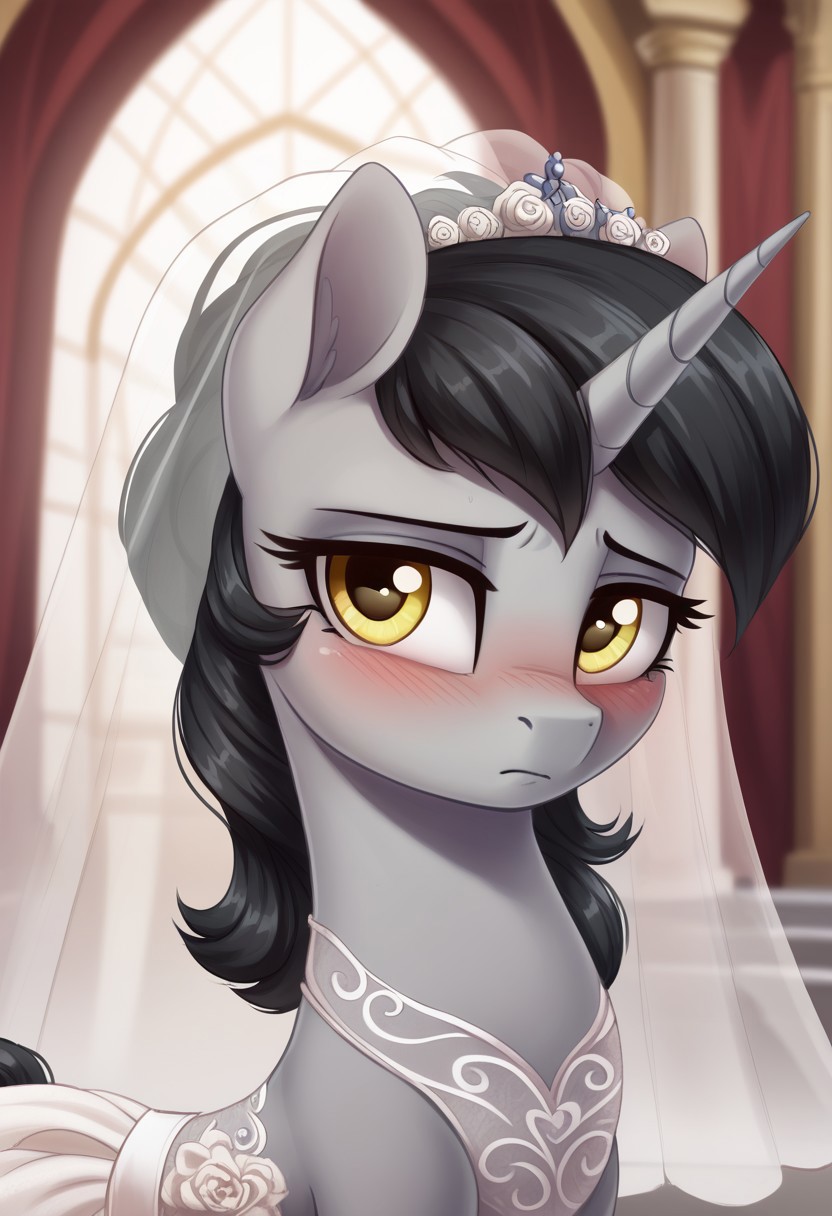score_9, score_8_up, score_7_up, score_6_up, score_5_up, score_4_up, g4, solo, pony, feral pony, unicorn, female, black mane, gray skin, yellow eyes, wedding dress, wedding, palace, shy, sad, blushing, look at you, cute, glare, high res,